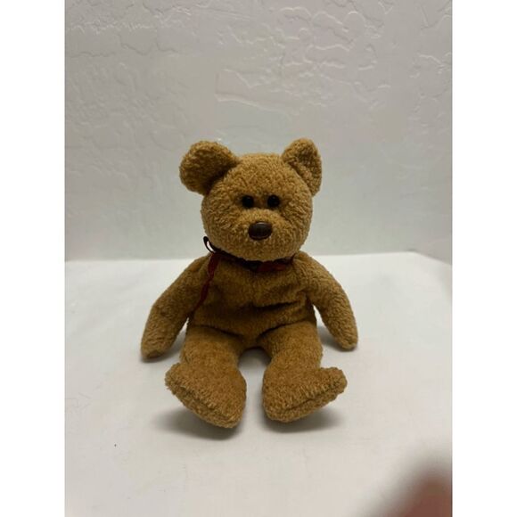 Ty Original Beanie Baby Curly Brown Bear Red Bow Plush Stuffed Animal W Tag 1993 - Picture 3 of 8